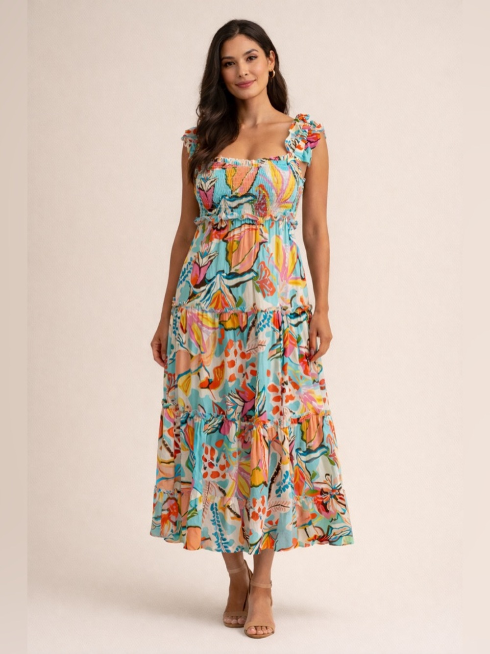 Crosby Mollie Burch Floral Smocked Midi Dress XS Colorful Tiered Ruffle